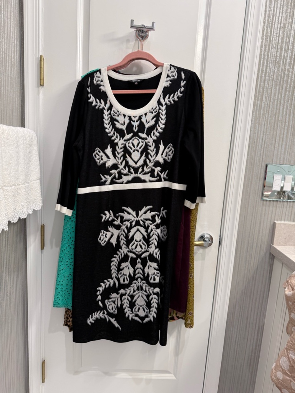 Misook Black Dress with White Embroidered Motif